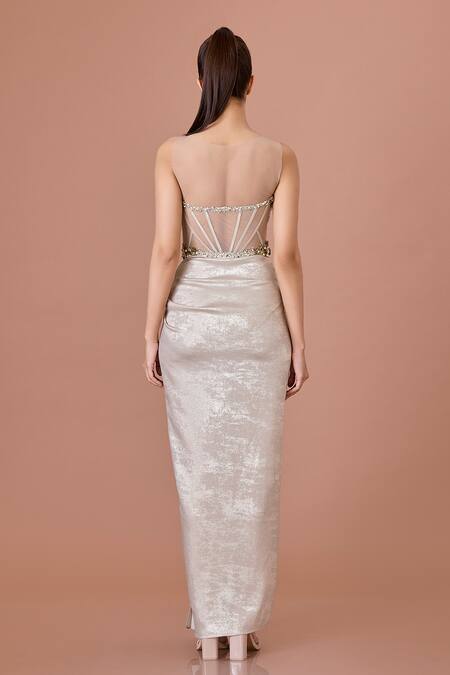 Shop Dilnaz Gold Net, Satin Sequins, Stones Boat Neck Champagne Draped Gown at Aza Fashions Shop_Dilnaz_Gold Net, Satin Sequins, Stones Boat Neck Champagne Draped Gown_at_Aza_Fashions