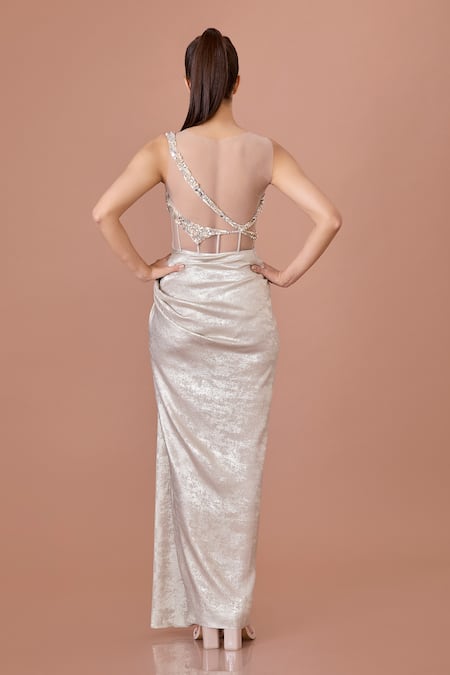 Shop Dilnaz Beige Net, Silk, Satin Sequins, Pearls, Draped Gown With Embellished Bodice at Aza Fashions Shop_Dilnaz_Beige Net, Silk, Satin Sequins, Pearls, Draped Gown With Embellished Bodice_at_Aza_Fashions