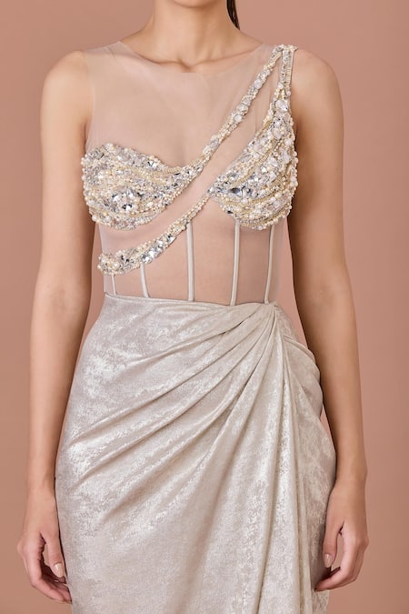 Dilnaz Beige Net, Silk, Satin Sequins, Pearls, Draped Gown With Embellished Bodice Online at Aza Fashions Dilnaz_Beige Net, Silk, Satin Sequins, Pearls, Draped Gown With Embellished Bodice_Online_at_Aza_Fashions