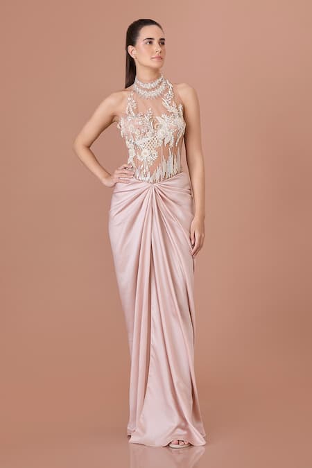 DILNAZ Florin Embroidered Halter Neck Gown 