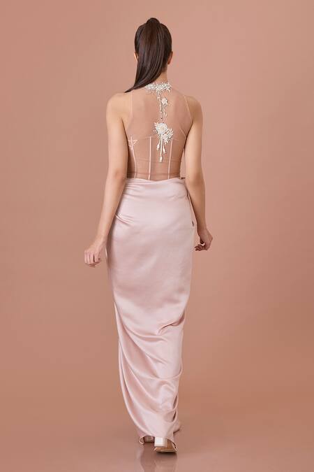 Shop_Dilnaz_Pink Net, Silk Sequins, Pearls, Crystals Halter Neck Blush Embroidered Gown_at_Aza_Fashions