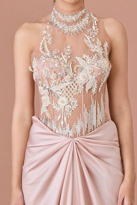 Dilnaz_Pink Net, Silk Sequins, Pearls, Crystals Halter Neck Blush Embroidered Gown_Online_at_Aza_Fashions