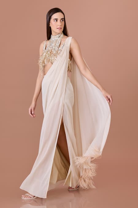 DILNAZ Pre-Draped Slit Saree With Embroidered Blouse 