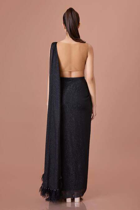 Shop Dilnaz Beige Net, Chiffon, Satin Pearls, Cut Black Embroidered Pre-draped Saree Set at Aza Fashions Shop_Dilnaz_Beige Net, Chiffon, Satin Pearls, Cut Black Embroidered Pre-draped Saree Set_at_Aza_Fashions