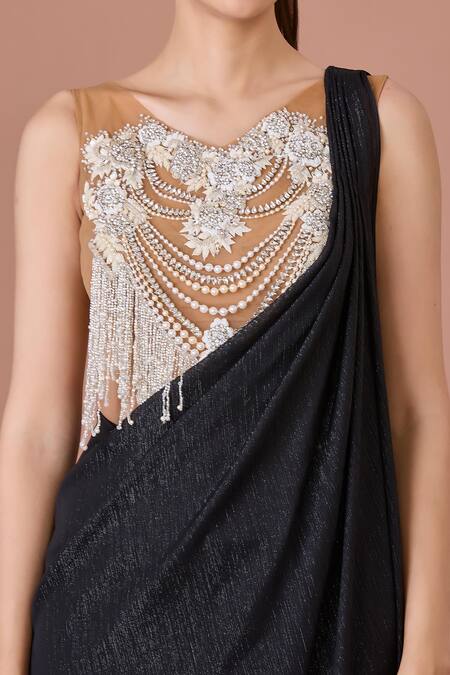 Dilnaz Beige Net, Chiffon, Satin Pearls, Cut Black Embroidered Pre-draped Saree Set Online at Aza Fashions Dilnaz_Beige Net, Chiffon, Satin Pearls, Cut Black Embroidered Pre-draped Saree Set_Online_at_Aza_Fashions