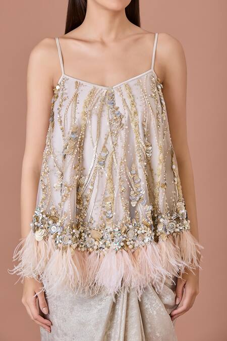 Dilnaz_Beige Net Embroidery Pearl Sweetheart Neck Sequin Embellished Strappy Top_Online_at_Aza_Fashions