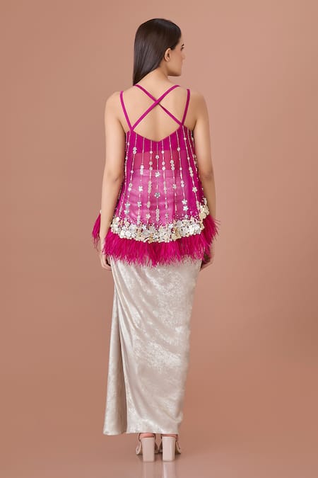 Shop_Dilnaz_Purple Net Embroidery Pearl Sweetheart Neck Sequin Embellished Strappy Top _at_Aza_Fashions