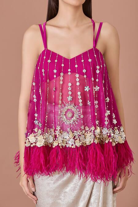 Dilnaz_Purple Net Embroidery Pearl Sweetheart Neck Sequin Embellished Strappy Top _Online_at_Aza_Fashions