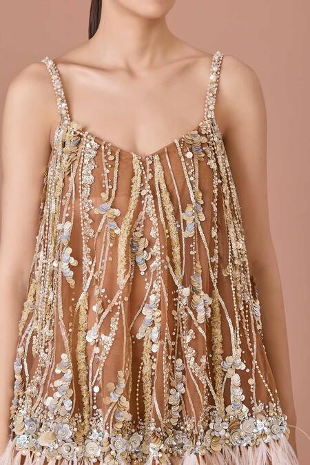 Dilnaz_Brown Net, Satin Sequins, Pearls, Cut Work, Cutdana And Embellished Dress_Online_at_Aza_Fashions