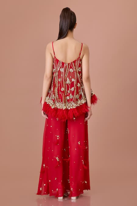 Dilnaz_Red Net Embroidery Pearl Sweetheart Neck Bloom Sequin Embellished Strappy Top _Online_at_Aza_Fashions