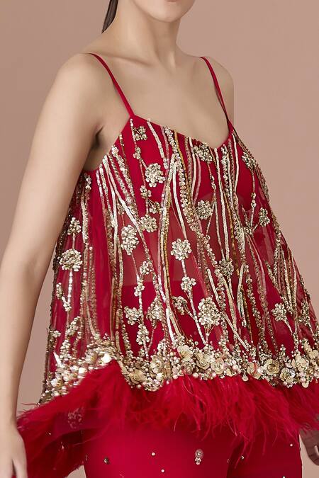 Buy_Dilnaz_Red Net Embroidery Pearl Sweetheart Neck Bloom Sequin Embellished Strappy Top _Online_at_Aza_Fashions