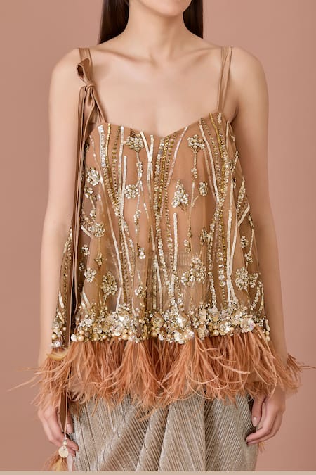 Dilnaz_Brown Net Embroidery Pearl Sweetheart Neck Bloom Vine Sequin Embellished Top_Online_at_Aza_Fashions