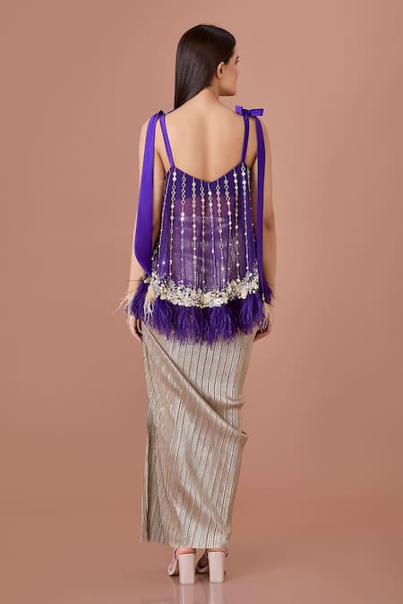 Shop Dilnaz Purple Net Embroidery Mirror Sweetheart Neck And Sequin Embellished Strappy Top at Aza Fashions Shop_Dilnaz_Purple Net Embroidery Mirror Sweetheart Neck And Sequin Embellished Strappy Top_at_Aza_Fashions