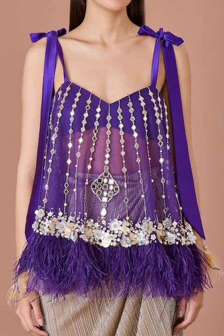 Dilnaz Purple Net Embroidery Mirror Sweetheart Neck And Sequin Embellished Strappy Top Online at Aza Fashions Dilnaz_Purple Net Embroidery Mirror Sweetheart Neck And Sequin Embellished Strappy Top_Online_at_Aza_Fashions