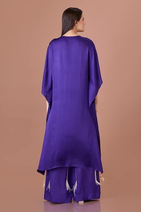 Shop_Dilnaz_Purple Satin Embroidery Plunge Neck Feather Tassel Embellished Kaftan_at_Aza_Fashions