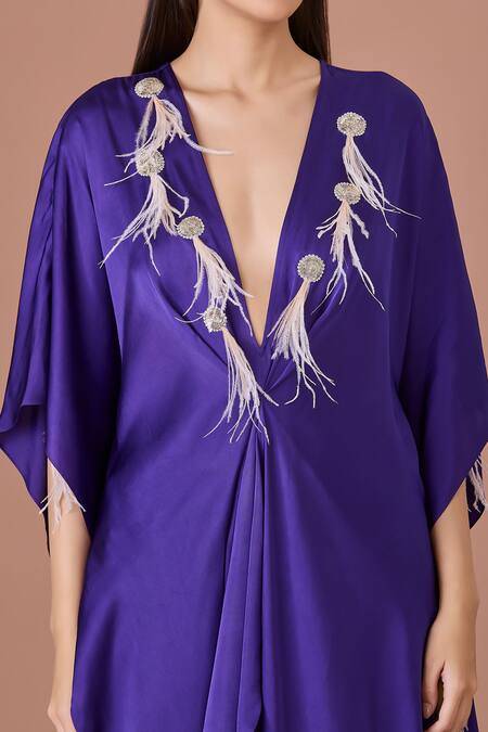 Dilnaz_Purple Satin Embroidery Plunge Neck Feather Tassel Embellished Kaftan_Online_at_Aza_Fashions