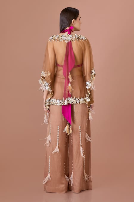 Shop Dilnaz Brown Net Sequins Plunge Neck Embroidered Kaftan at Aza Fashions Shop_Dilnaz_Brown Net Sequins Plunge Neck Embroidered Kaftan_at_Aza_Fashions