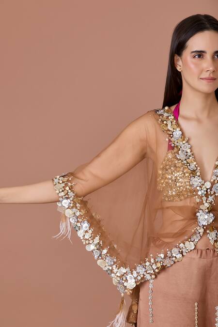 Dilnaz Brown Net Sequins Plunge Neck Embroidered Kaftan Online at Aza Fashions Dilnaz_Brown Net Sequins Plunge Neck Embroidered Kaftan_Online_at_Aza_Fashions