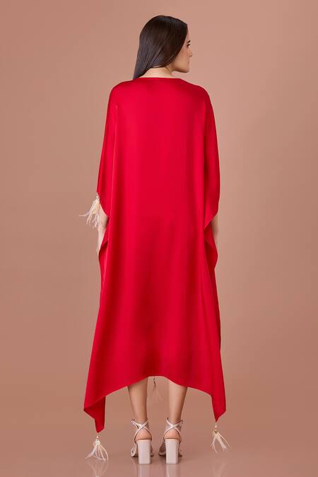 Shop Dilnaz Red Satin Sequins Plunge Neck Bloom Embroidered Kaftan at Aza Fashions Shop_Dilnaz_Red Satin Sequins Plunge Neck Bloom Embroidered Kaftan_at_Aza_Fashions