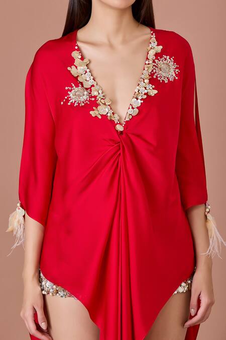 Dilnaz Red Satin Sequins Plunge Neck Bloom Embroidered Kaftan Online at Aza Fashions Dilnaz_Red Satin Sequins Plunge Neck Bloom Embroidered Kaftan_Online_at_Aza_Fashions