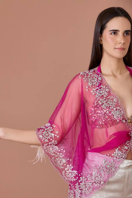 Dilnaz Purple Net Embroidery Plunge Neck Kasab Thread Kaftan Online at Aza Fashions Dilnaz_Purple Net Embroidery Plunge Neck Kasab Thread Kaftan_Online_at_Aza_Fashions