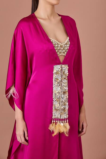 Dilnaz_Purple Satin Sequins Plunge Neck Blossom Patch Embroidered Kaftan_Online_at_Aza_Fashions