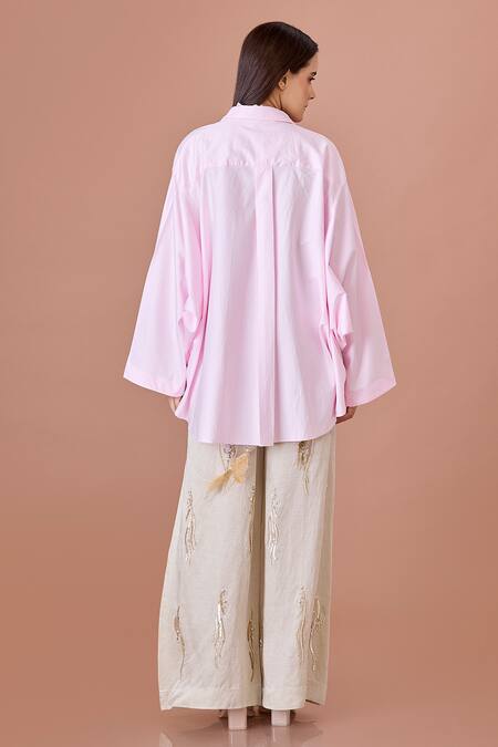 Shop Dilnaz Pink Blended Cotton Embroidered Sequin Collared Placement Shirt at Aza Fashions Shop_Dilnaz_Pink Blended Cotton Embroidered Sequin Collared Placement Shirt_at_Aza_Fashions