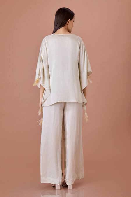 Dilnaz_Beige Net V Neck Solid Jumpsuit With Draped Kaftan _Online_at_Aza_Fashions