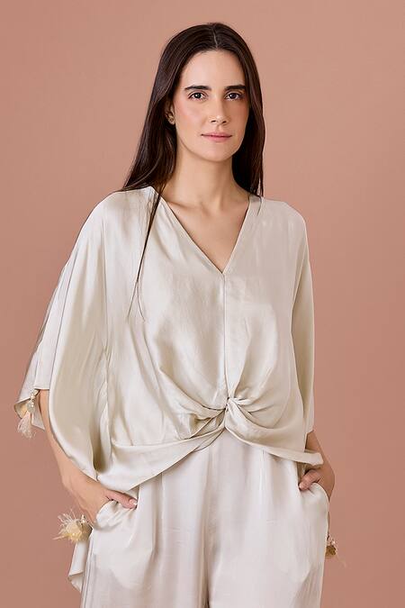 Shop_Dilnaz_Beige Net V Neck Solid Jumpsuit With Draped Kaftan _Online_at_Aza_Fashions