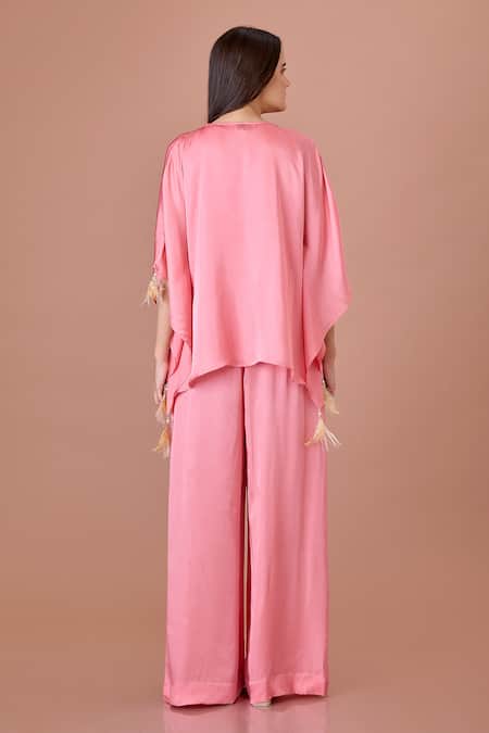 Shop Dilnaz Pink Blended Satin V Neck Jumpsuit And Kaftan Set at Aza Fashions Shop_Dilnaz_Pink Blended Satin V Neck Jumpsuit And Kaftan Set_at_Aza_Fashions