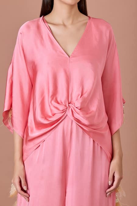 Dilnaz Pink Blended Satin V Neck Jumpsuit And Kaftan Set Online at Aza Fashions Dilnaz_Pink Blended Satin V Neck Jumpsuit And Kaftan Set_Online_at_Aza_Fashions