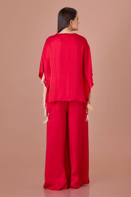 Shop_Dilnaz_Red Blended Satin V Neck Jumpsuit And Kaftan Set _at_Aza_Fashions