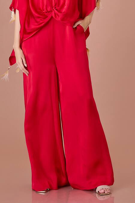 Dilnaz_Red Blended Satin V Neck Jumpsuit And Kaftan Set _Online_at_Aza_Fashions
