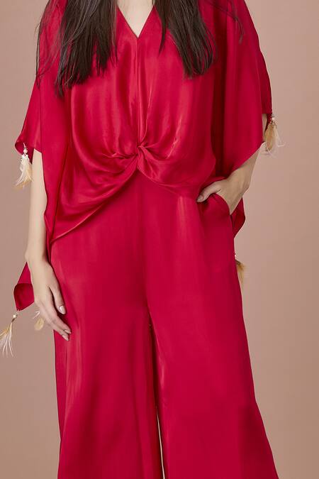 Buy_Dilnaz_Red Blended Satin V Neck Jumpsuit And Kaftan Set _Online_at_Aza_Fashions