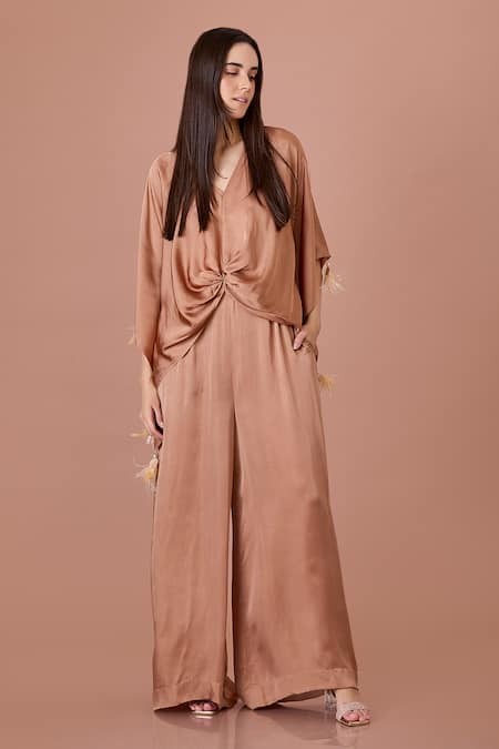 DILNAZ Blended Satin Plain Jumpsuit With Kaftan 