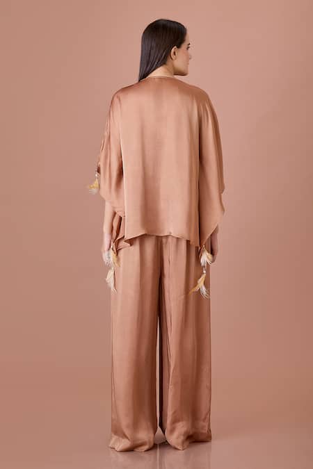 Shop Dilnaz Brown Blended Satin V Neck Jumpsuit And Kaftan Set at Aza Fashions Shop_Dilnaz_Brown Blended Satin V Neck Jumpsuit And Kaftan Set_at_Aza_Fashions