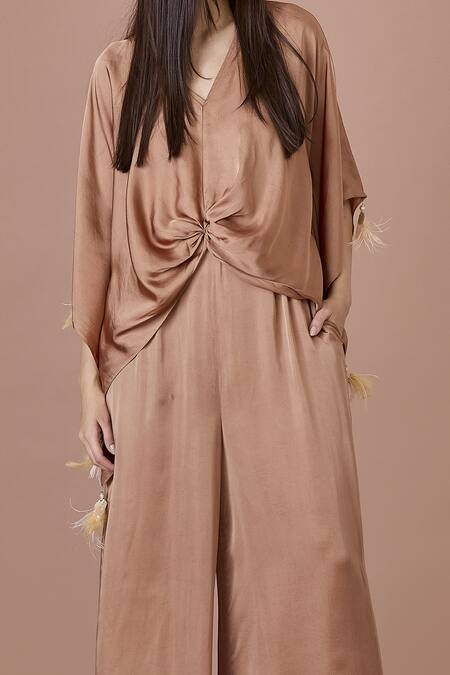 Dilnaz Brown Blended Satin V Neck Jumpsuit And Kaftan Set Online at Aza Fashions Dilnaz_Brown Blended Satin V Neck Jumpsuit And Kaftan Set_Online_at_Aza_Fashions