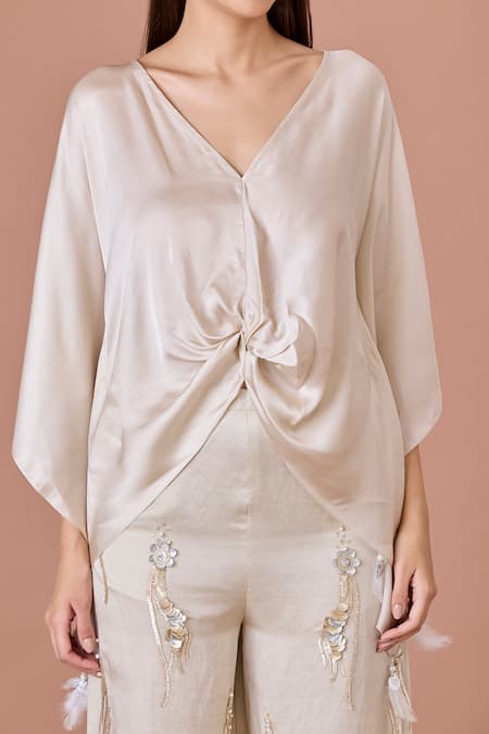Dilnaz_Beige Blended Satin V Neck Champagne Kaftan With Latkan Details_Online_at_Aza_Fashions