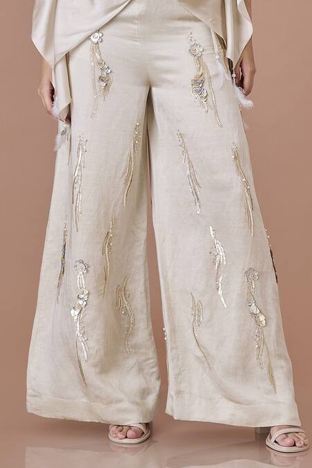 Dilnaz_Beige Blended Linen Embroidered Sequin Trouser_Online_at_Aza_Fashions