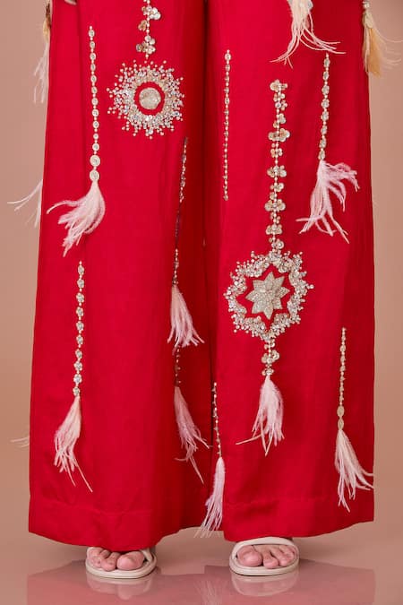Dilnaz Red Blended Linen Embroidered Sequin Star Bead Trouser Online at Aza Fashions Dilnaz_Red Blended Linen Embroidered Sequin Star Bead Trouser_Online_at_Aza_Fashions