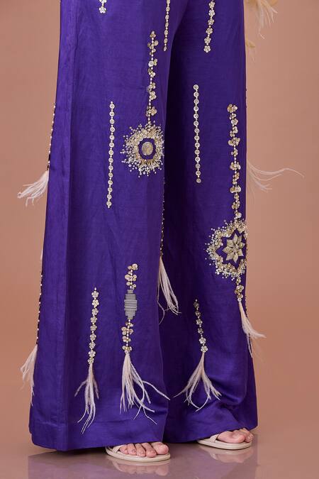 Dilnaz Purple Linen Sequins, Beads Embroidered Star Trouser Online at Aza Fashions Dilnaz_Purple Linen Sequins, Beads Embroidered Star Trouser_Online_at_Aza_Fashions
