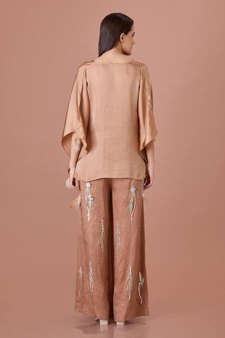Shop_Dilnaz_Brown Silk Satin Tassels V-neck Latkan Detailed Kaftan_at_Aza_Fashions