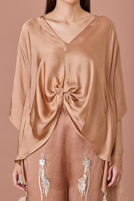 Dilnaz_Brown Silk Satin Tassels V-neck Latkan Detailed Kaftan_Online_at_Aza_Fashions
