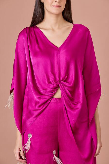 Dilnaz_Purple Blended Satin V Neck Jamun Latkan Kaftan_Online_at_Aza_Fashions