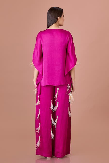 Shop_Dilnaz_Purple Blended Linen Embroidered Feather Wisp Trouser _at_Aza_Fashions