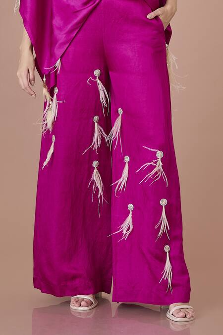 Dilnaz_Purple Blended Linen Embroidered Feather Wisp Trouser _Online_at_Aza_Fashions