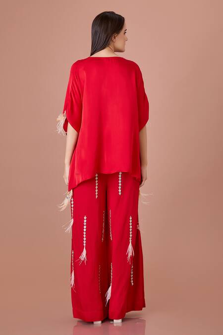 Shop_Dilnaz_Red Blended Linen Embroidered Sequin Trouser With And Bead Work _at_Aza_Fashions