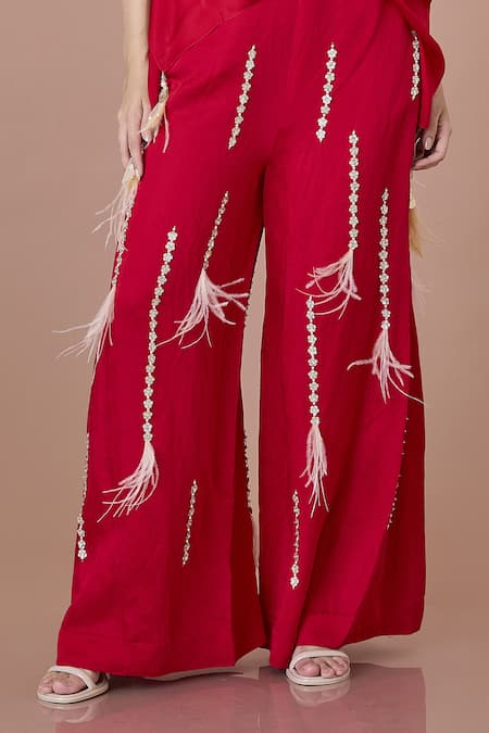 Dilnaz_Red Blended Linen Embroidered Sequin Trouser With And Bead Work _Online_at_Aza_Fashions