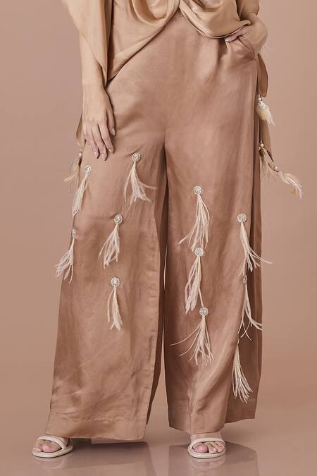 Dilnaz_Brown Blended Linen Embroidered Sequin Bead Trouser_Online_at_Aza_Fashions