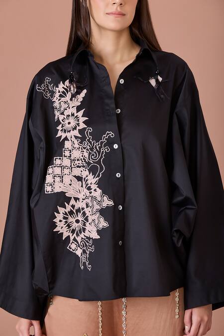 Dilnaz_Black Blended Cotton Embroidered Thread Collared Peach Shirt_Online_at_Aza_Fashions